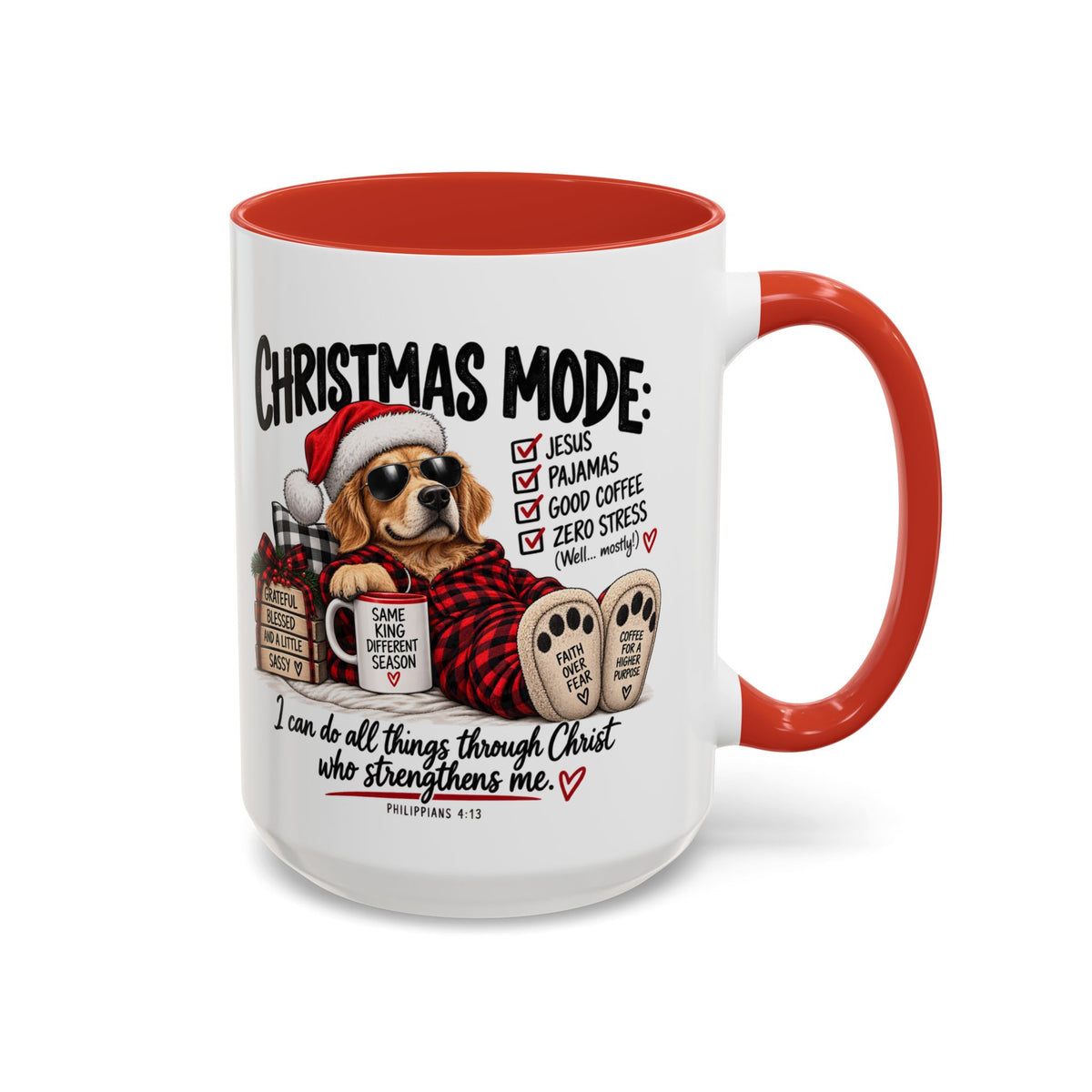 Christmas Mode: Jesus, Pajamas, Good Coffee golden retriever Christmas mug – Claimed by God Designs