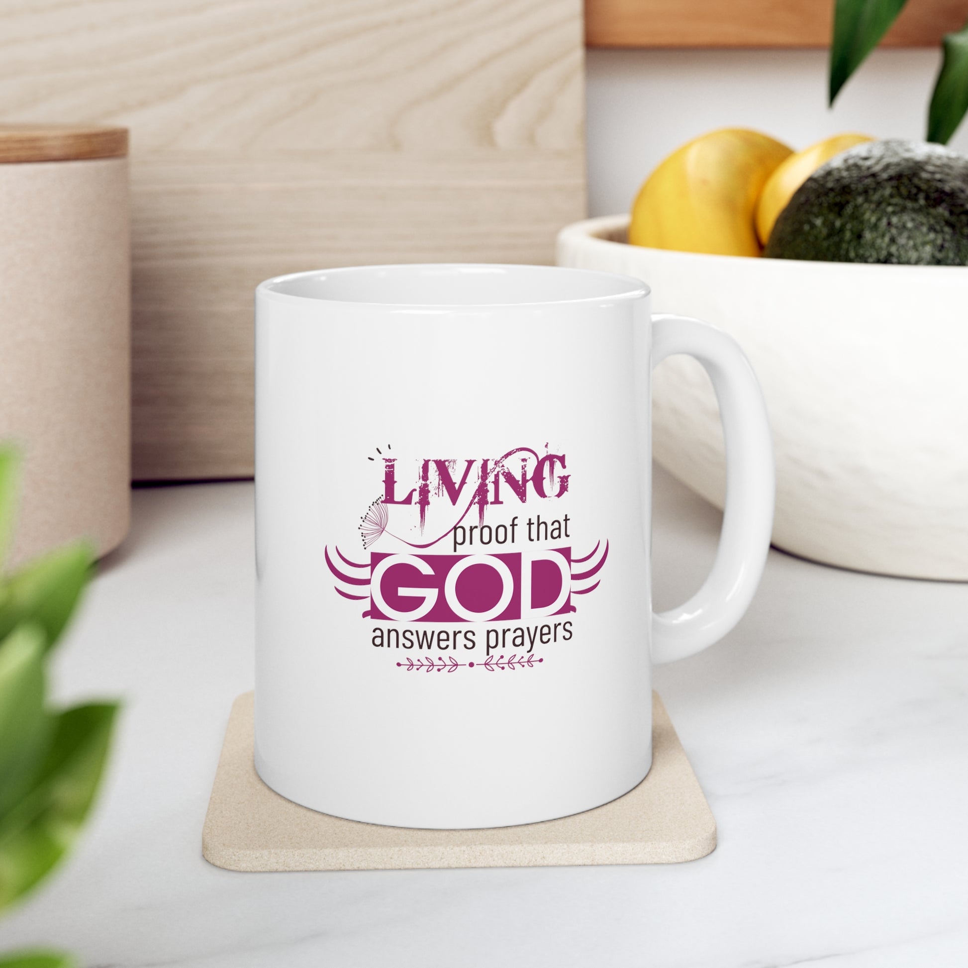 Living Proof That God Answers Prayers Christian White Ceramic Mug 11oz (double sided print) Printify