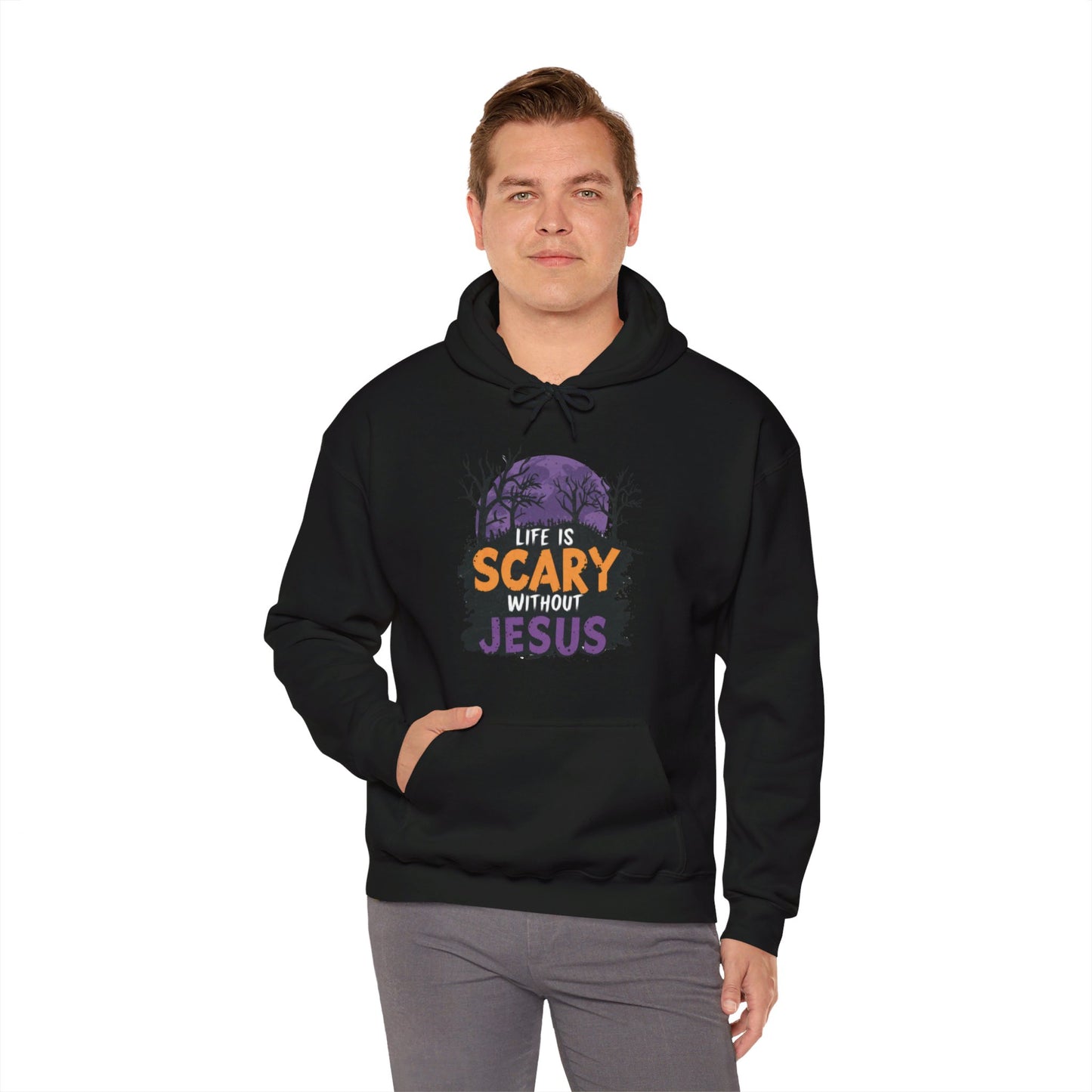 Life Is Scary Without Jesus Halloween Unisex Christian Pullover Hooded Sweatshirt