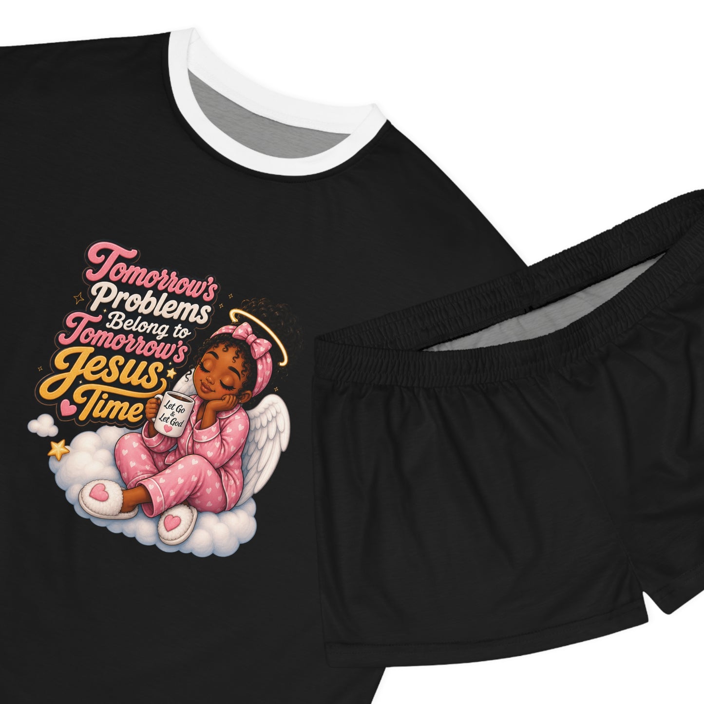 Women's Pajama Set — 'Tomorrow's Problems, Jesus' Time' Angel Graphic Sleepwear - ClaimedbyGodDesigns