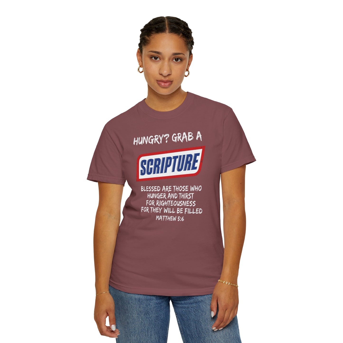 Scripture Snack T-Shirt — "Hungry? Grab a Scripture" Matthew 5:6 Christian Tee