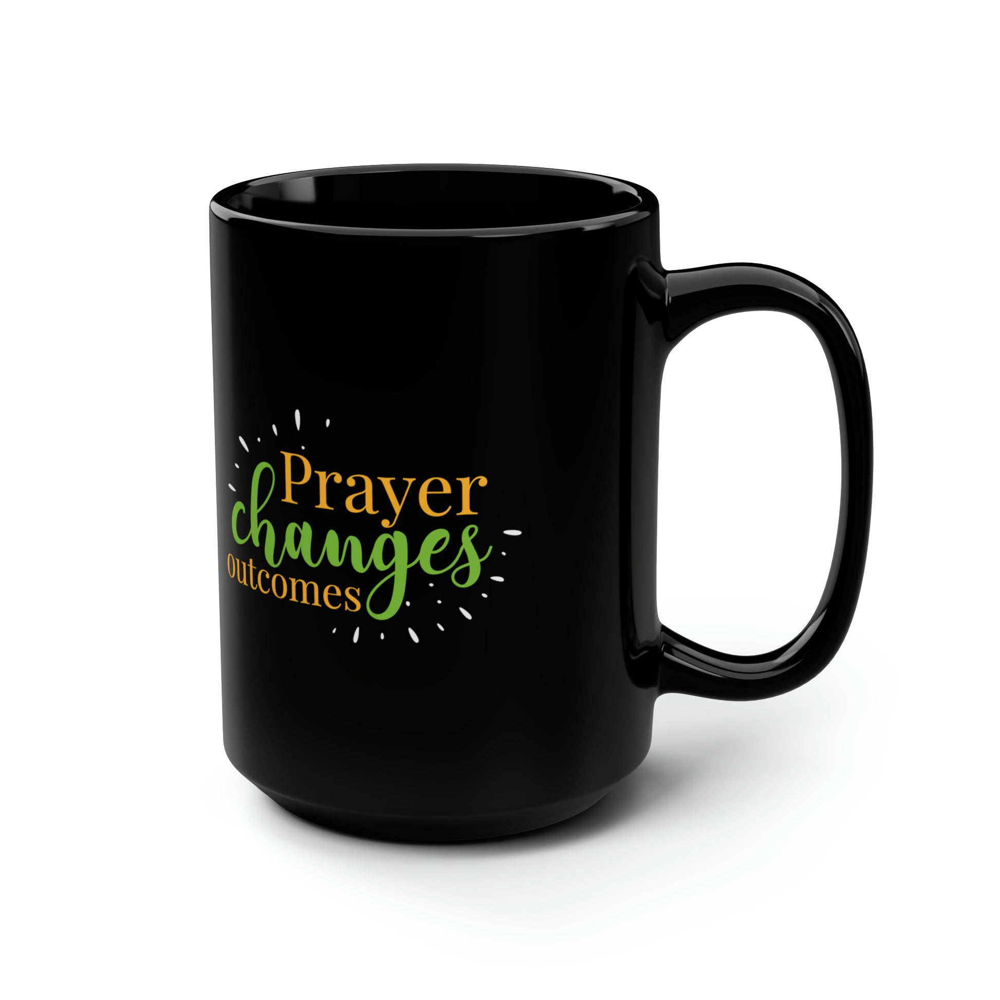 Prayer Changes Outcomes Christian Black Ceramic Mug, 15oz (double sided print) Printify