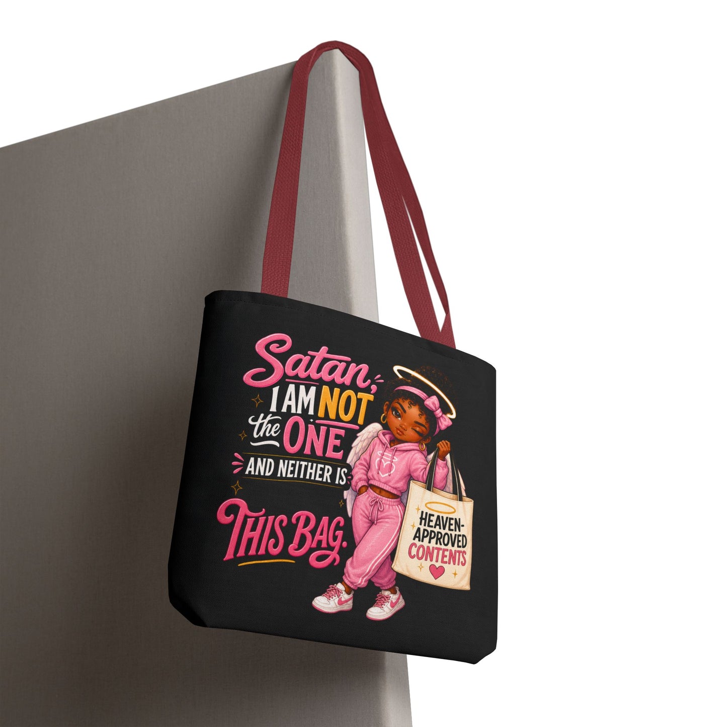 Tote Bag — "Satan I Am Not The One" Retro Angel Girl Tote (Heaven Approved Content) - ClaimedbyGodDesigns