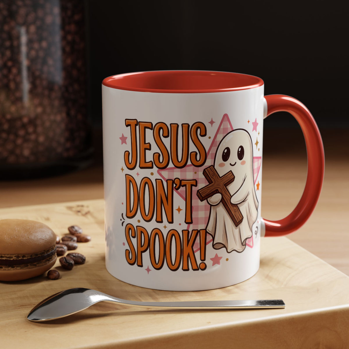 Accent Coffee Mug — "Jesus Don't Spook!" Cute Ghost Christian Coffee Mug (11/15oz)