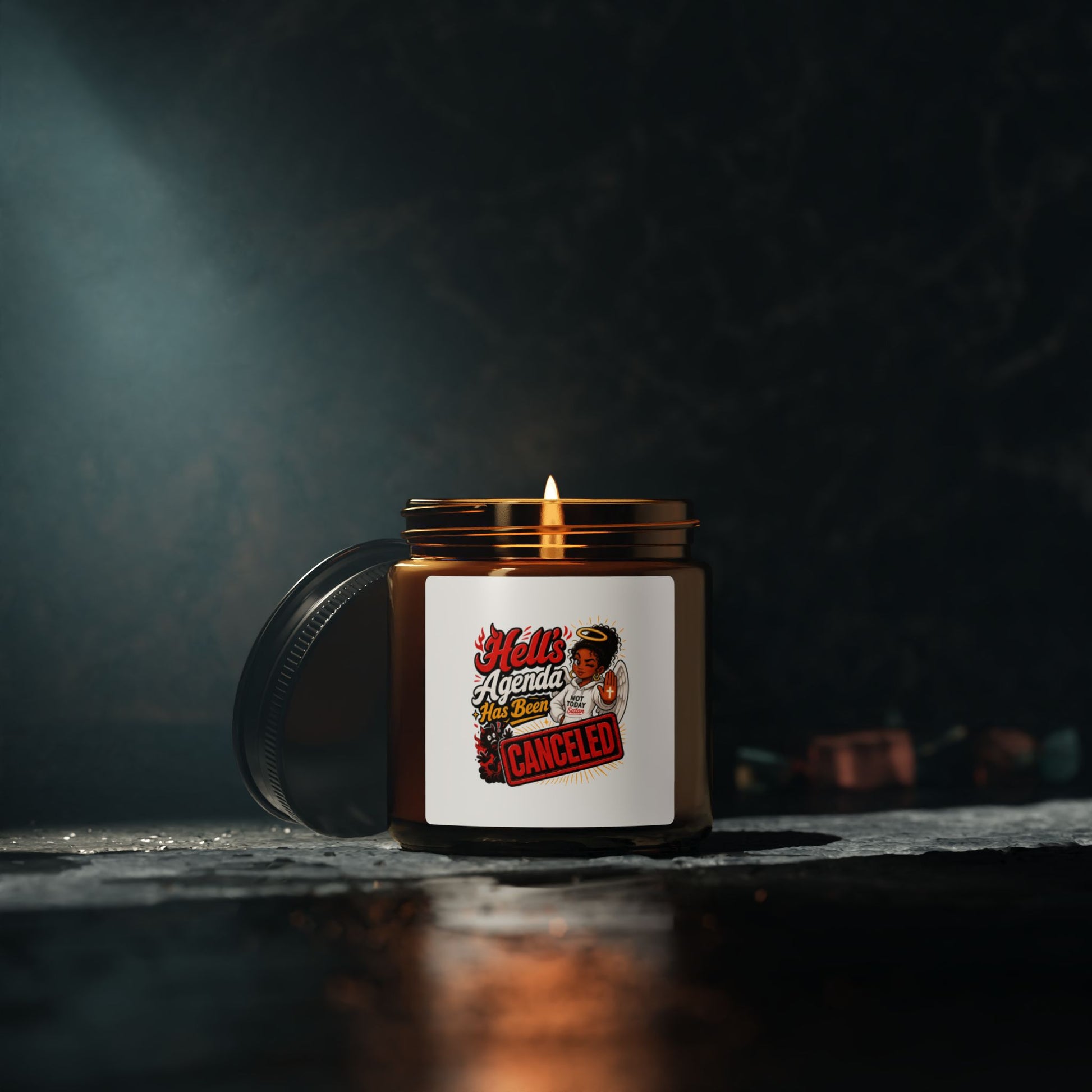 Soy Candle – “Hell’s Agenda Has Been Canceled” Amber Jar - ClaimedbyGodDesigns