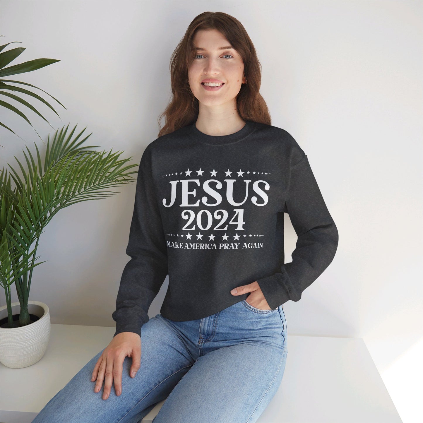 Jesus 2024 Make America Pray Again   Unisex Heavy Blend™ Crewneck Christian Sweatshirt