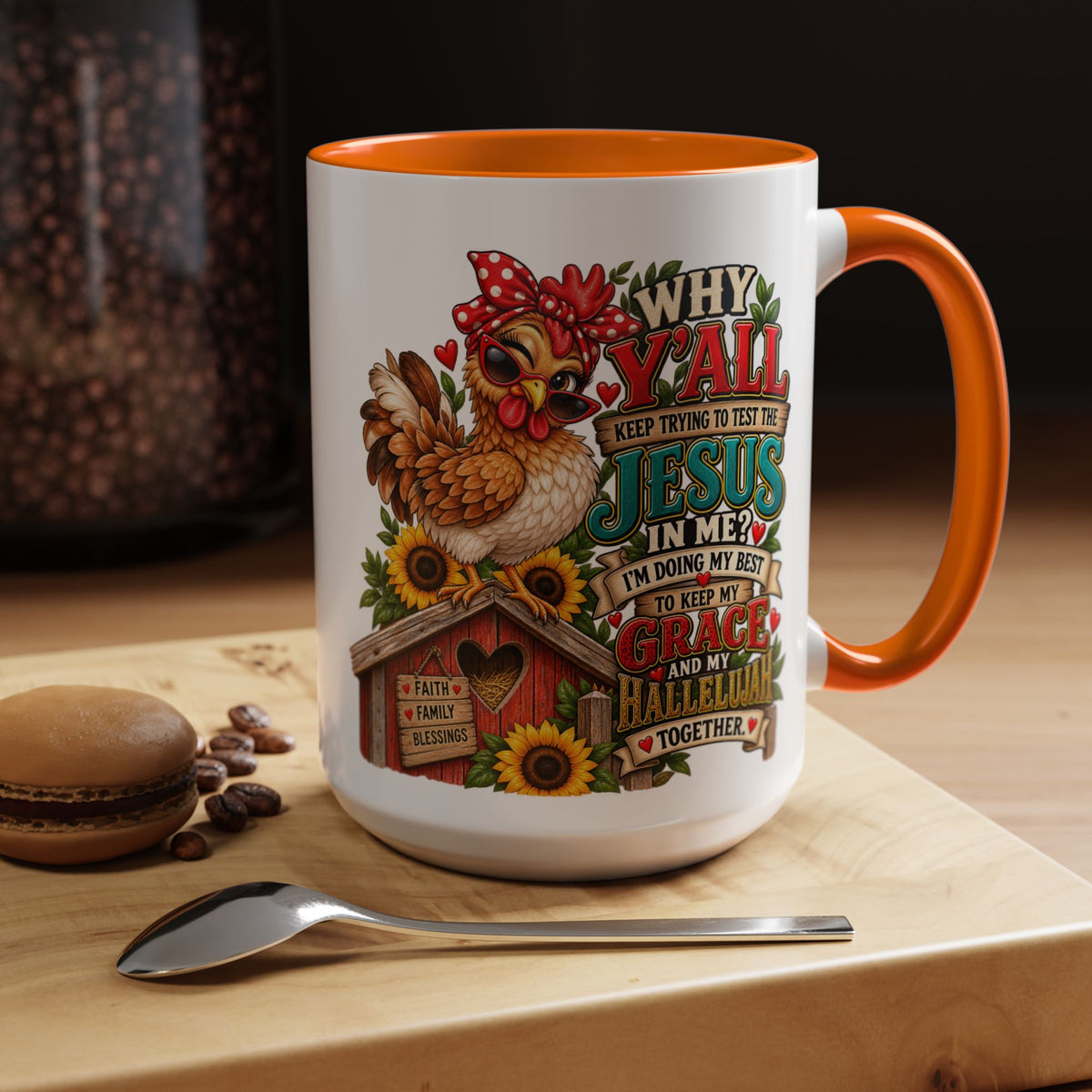 Christian Farmhouse Coffee Mug — "Why Y'all Keep Trying to Put Jesus in Me?" Accent Mug