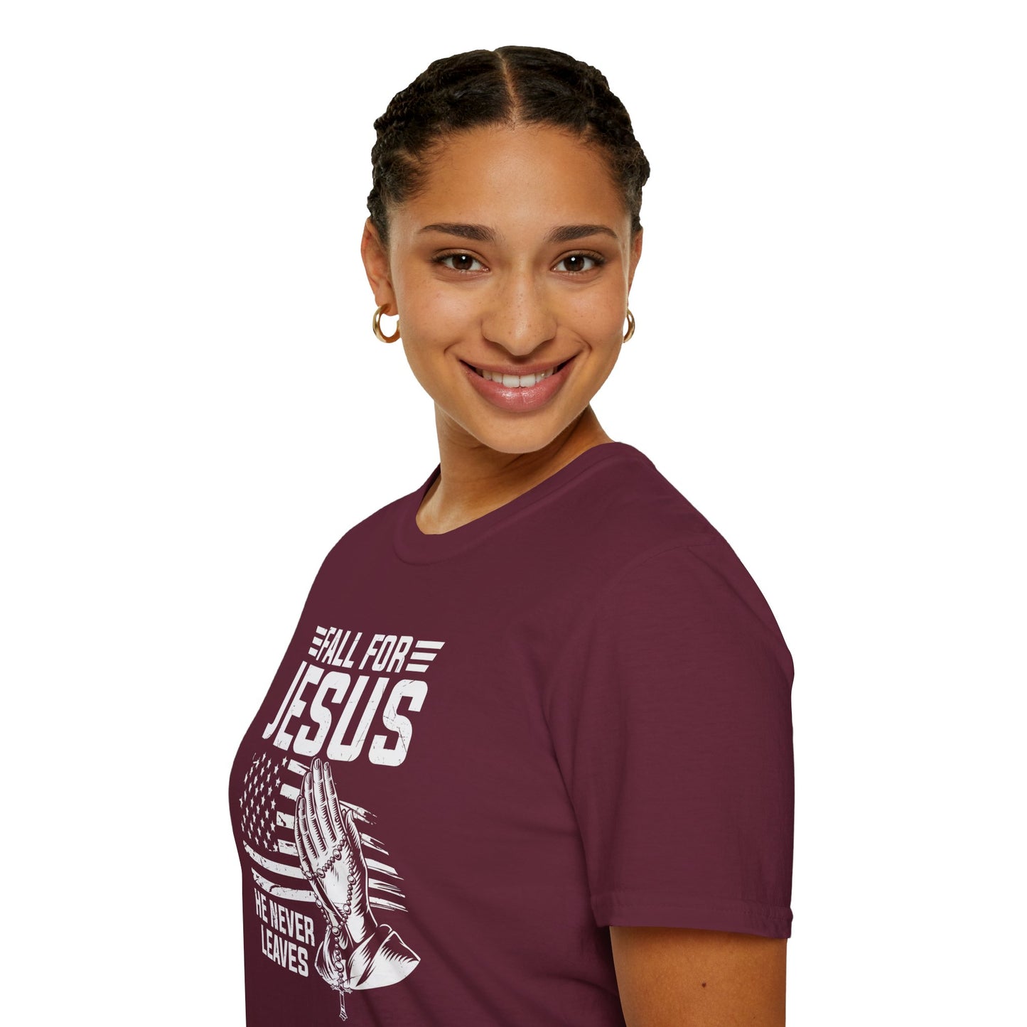 Fall For Jesus He Never Leaves American Patriotic Christian Unisex T-shirt