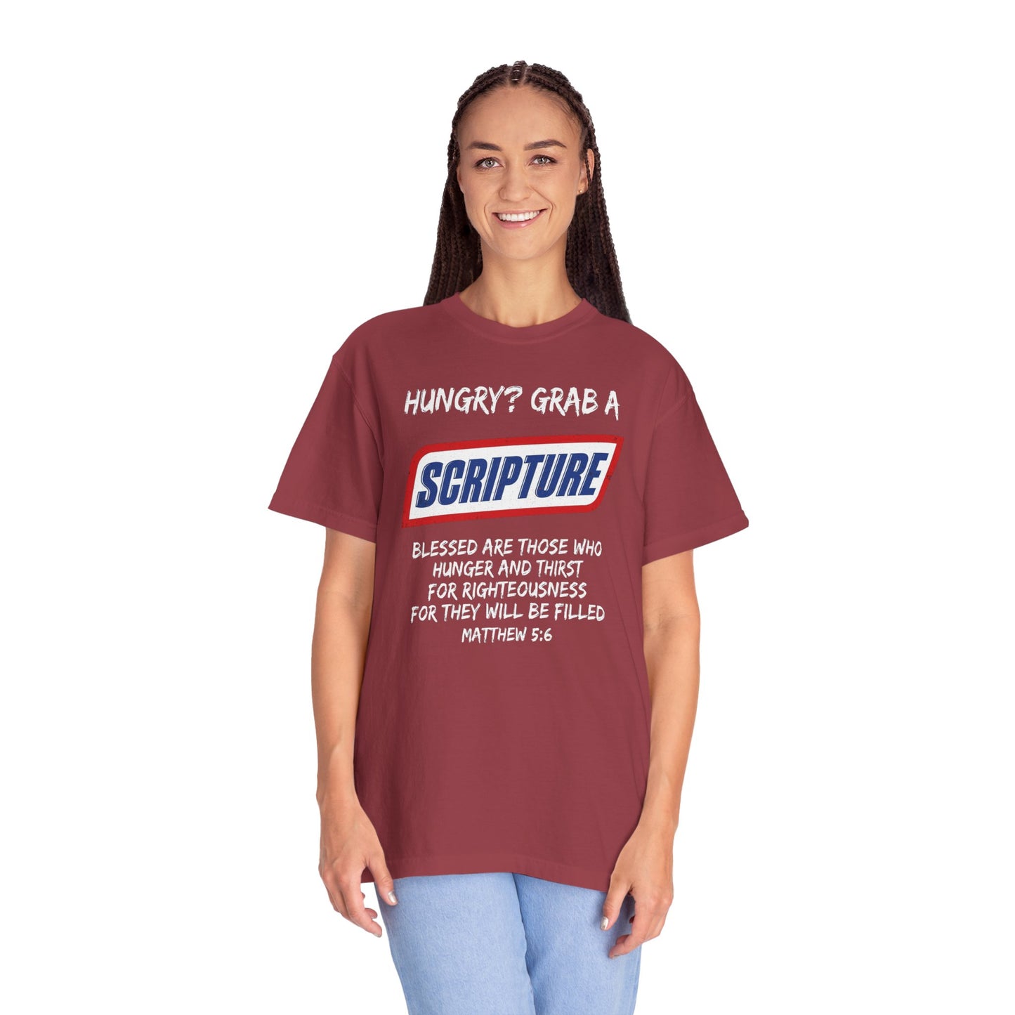 Scripture Snack T-Shirt — "Hungry? Grab a Scripture" Matthew 5:6 Christian Tee