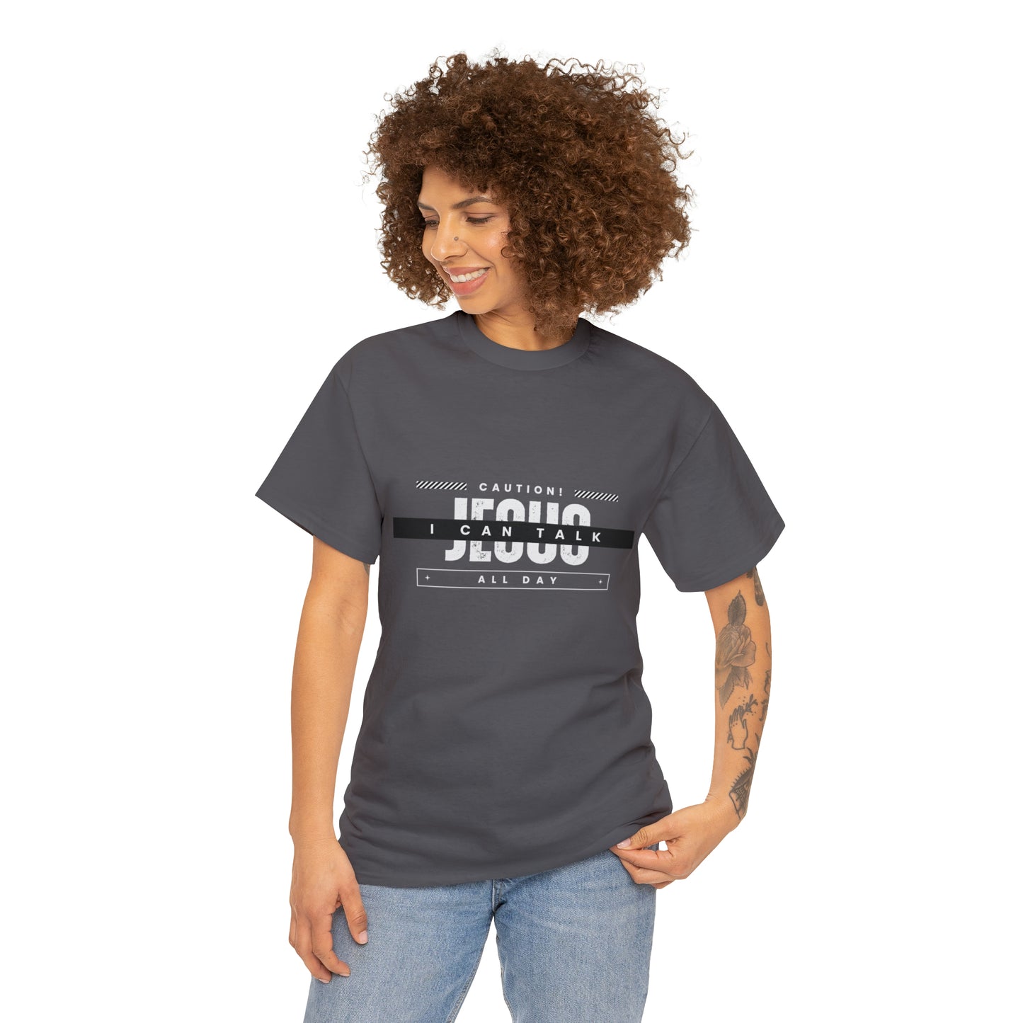 Caution I Can Talk Jesus All Day Unisex Heavy Cotton Tee Printify