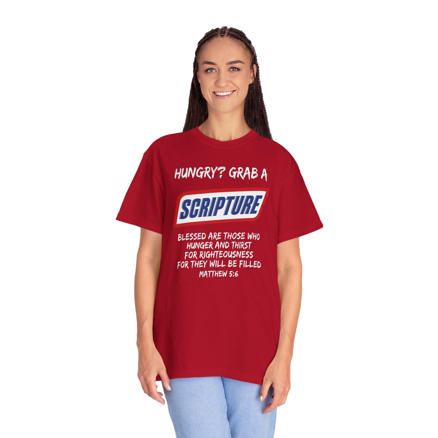 Scripture Snack T-Shirt — "Hungry? Grab a Scripture" Matthew 5:6 Christian Tee