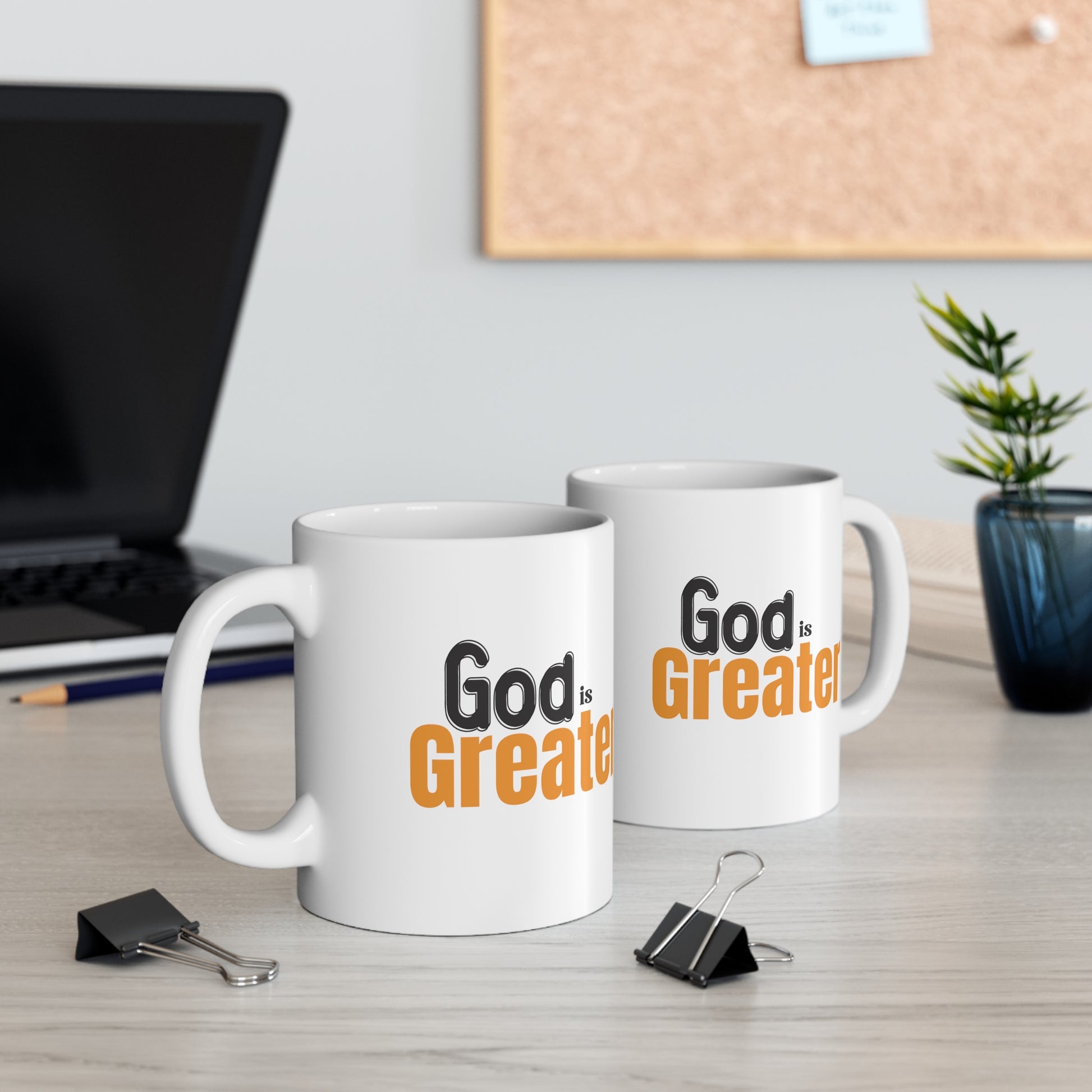 God Is Greater Christian White Ceramic Mug 11oz (double sided print) Printify
