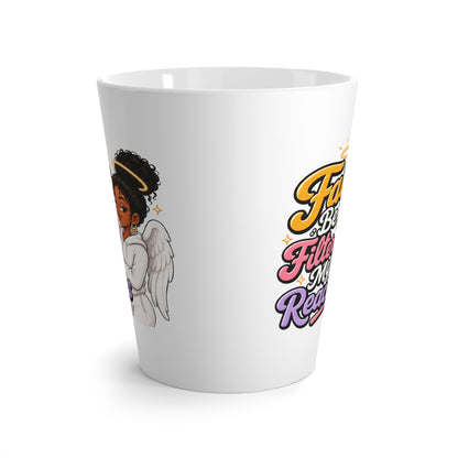 Latte Mug — "Faith: Be Filtering My Reactions" Inspirational Christian Coffee Cup with Angel Graphic