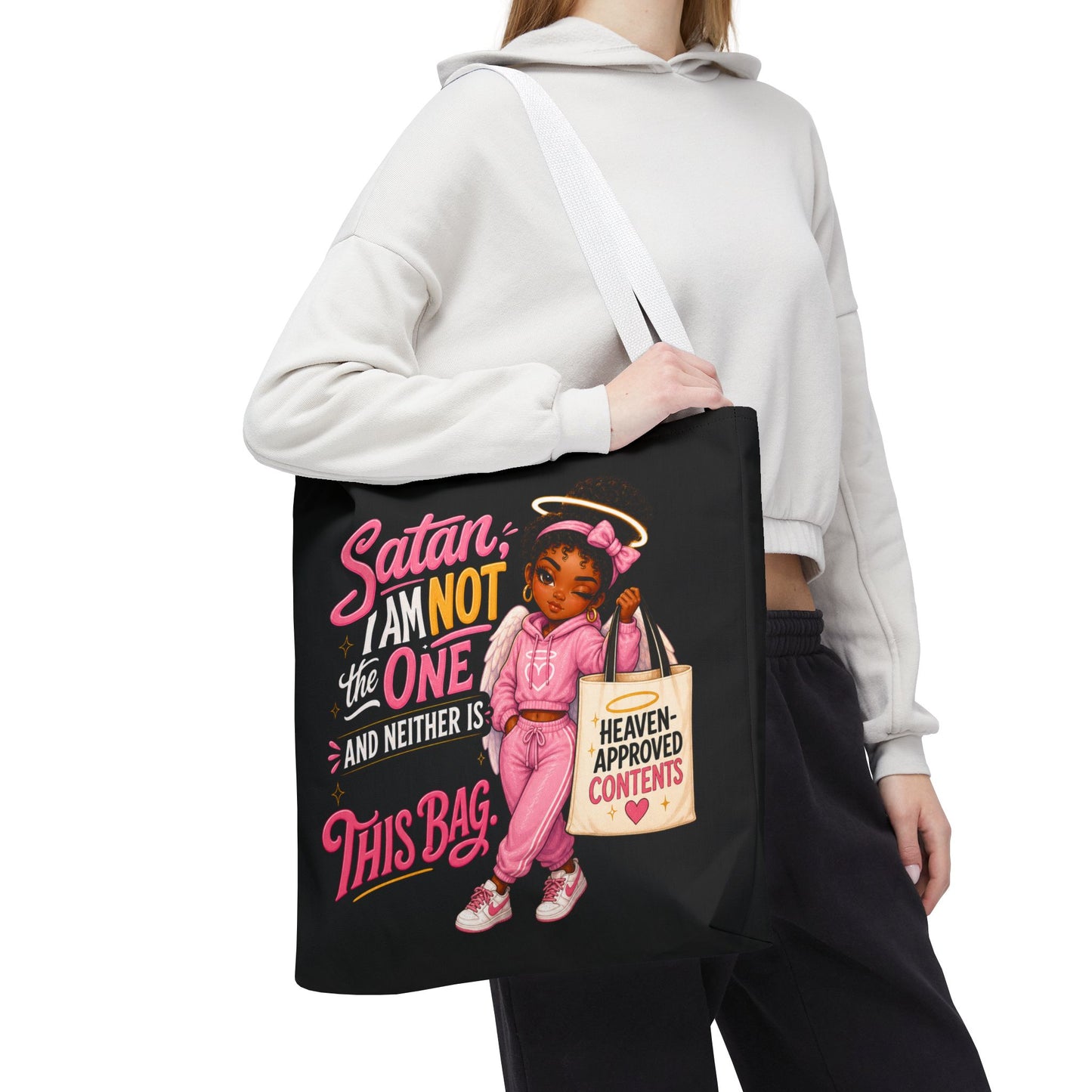 Tote Bag — "Satan I Am Not The One" Retro Angel Girl Tote (Heaven Approved Content) - ClaimedbyGodDesigns