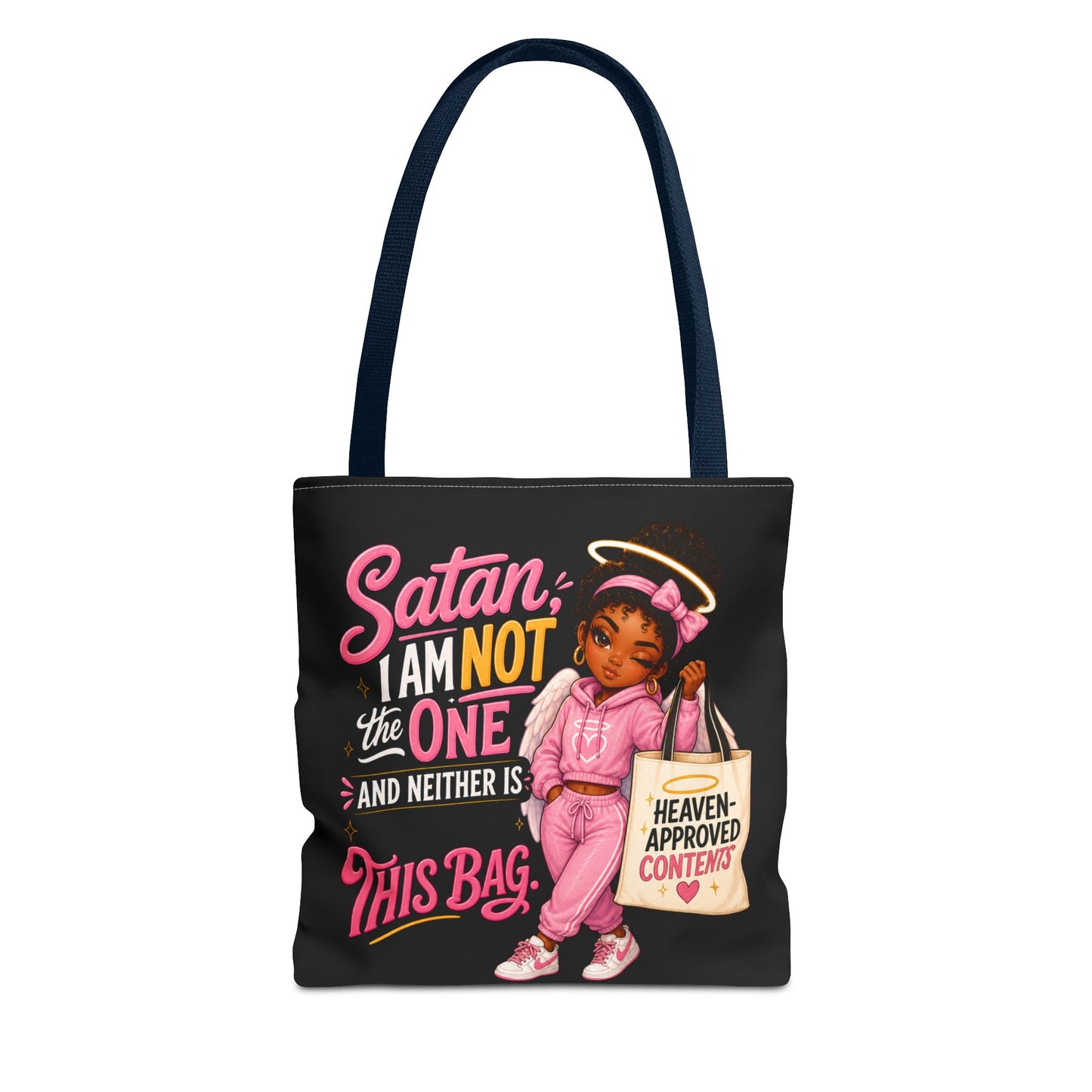 Tote Bag — "Satan I Am Not The One" Retro Angel Girl Tote (Heaven Approved Content) - ClaimedbyGodDesigns