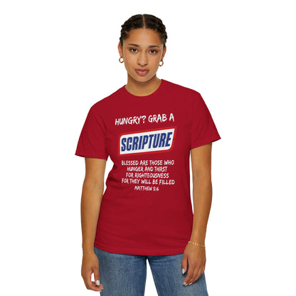Scripture Snack T-Shirt — "Hungry? Grab a Scripture" Matthew 5:6 Christian Tee