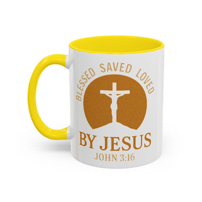 Inspirational Accent Coffee Mug - Blessed, Saved, Loved by Him | John 3:16