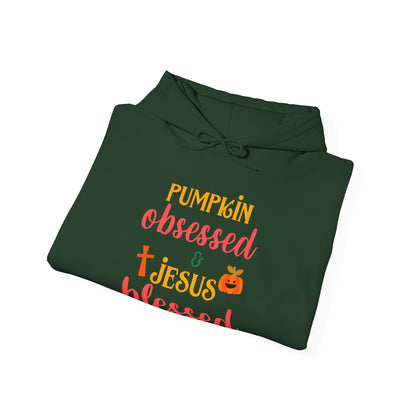 Pumpkin Obsessed And Blessed by Him Halloween Unisex Christian Pullover Hooded Sweatshirt