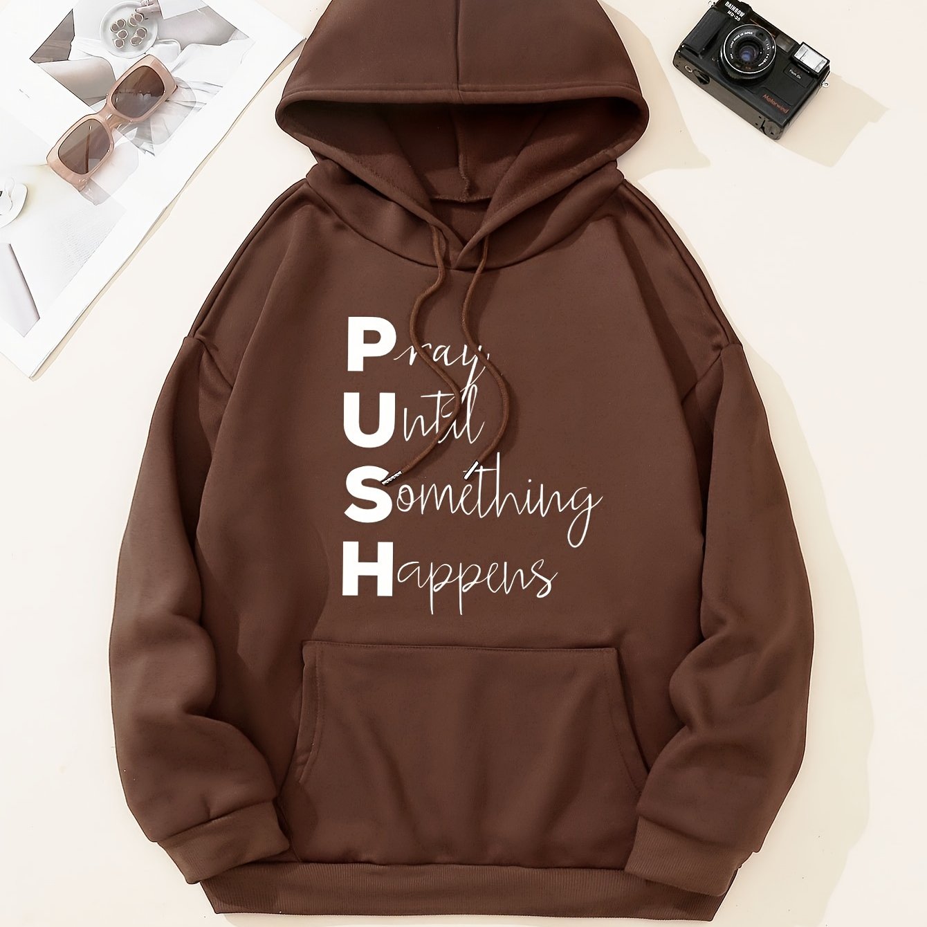 PUSH: Pray Until Something Happens Women's Christian Pullover Hooded Sweatshirt claimedbygoddesigns