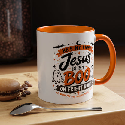 Christian Coffee Mug — "He's My Light, Jesus Is My Boo" Halloween Accent Mug