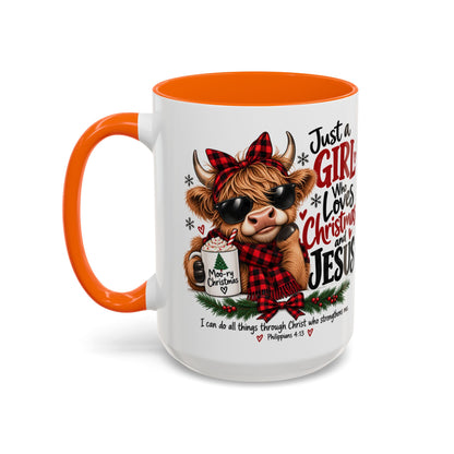 Just a Girl Who Loves Christmas and Jesus Highland Cow Coffee Mug