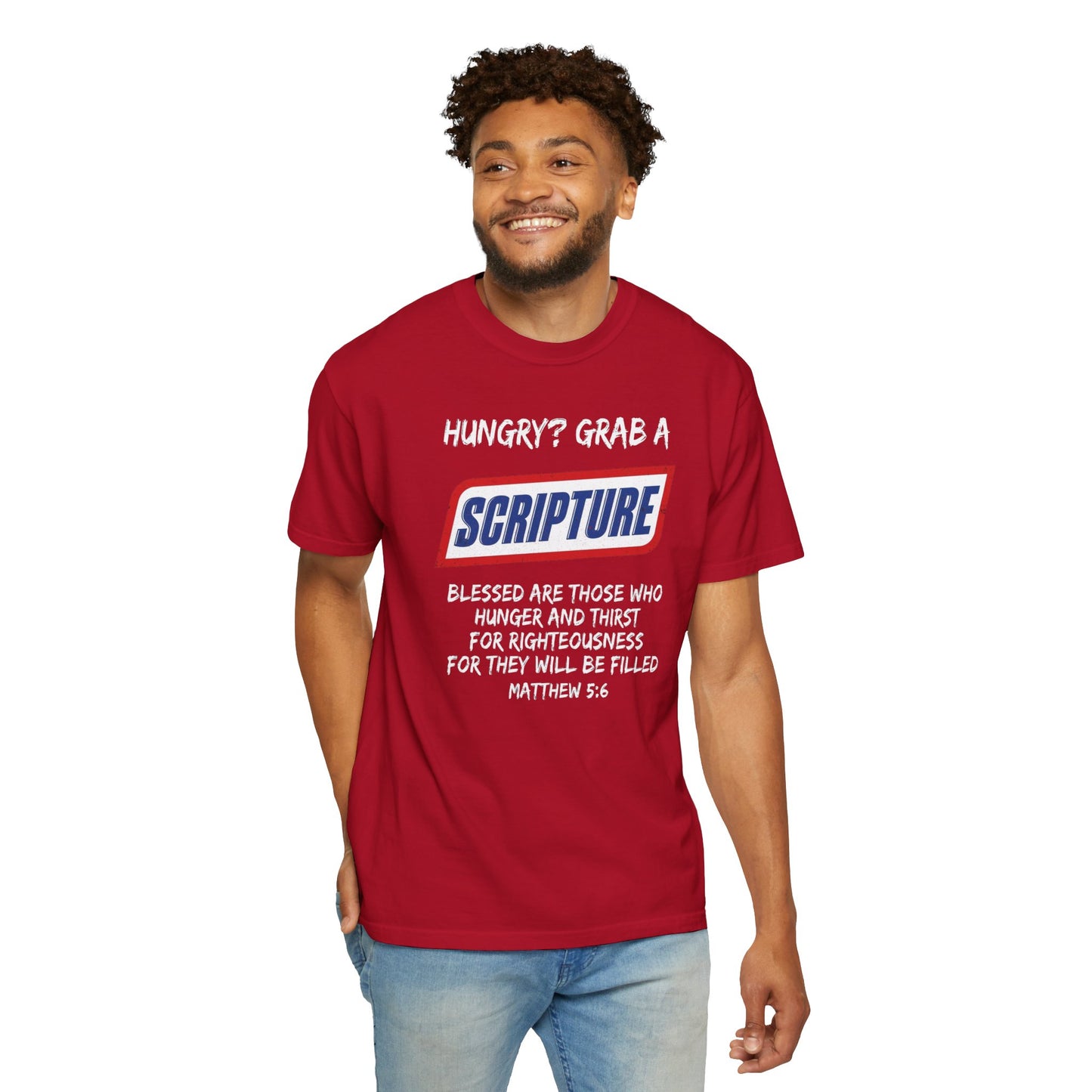 Scripture Snack T-Shirt — "Hungry? Grab a Scripture" Matthew 5:6 Christian Tee