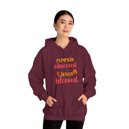 Pumpkin Obsessed And Blessed by Him Halloween Unisex Christian Pullover Hooded Sweatshirt