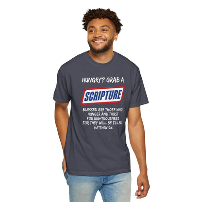 Scripture Snack T-Shirt — "Hungry? Grab a Scripture" Matthew 5:6 Christian Tee