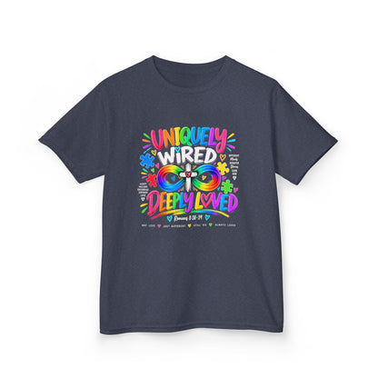 Youth Autism Awareness T-Shirt — "Uniquely Wired, Deeply Loved" Colorful Autism Pride Tee