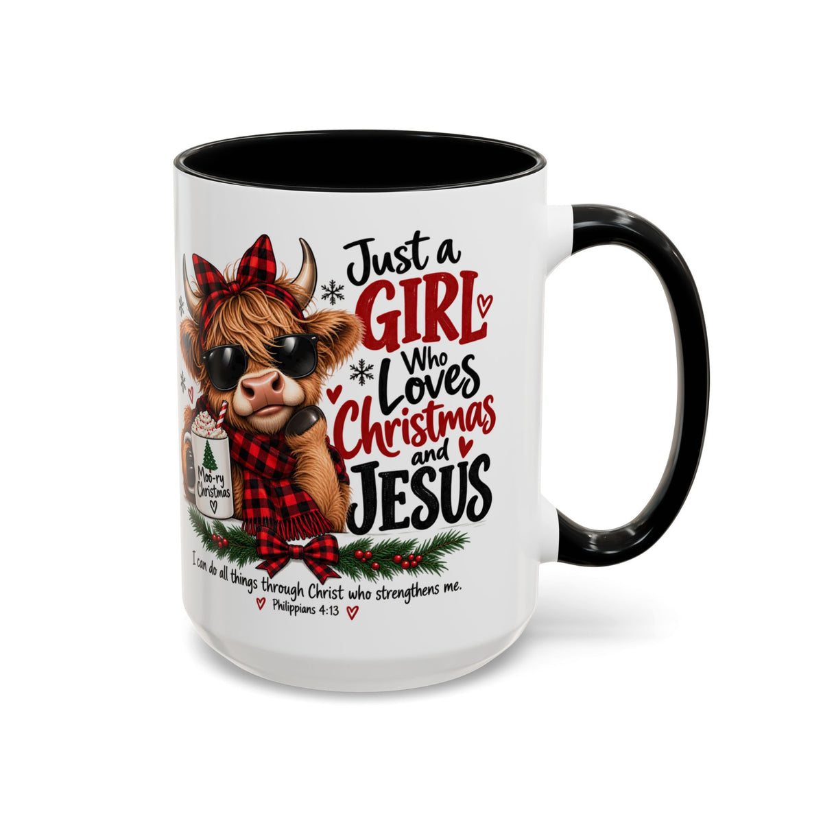 Just a Girl Who Loves Christmas and Jesus Highland Cow Coffee Mug