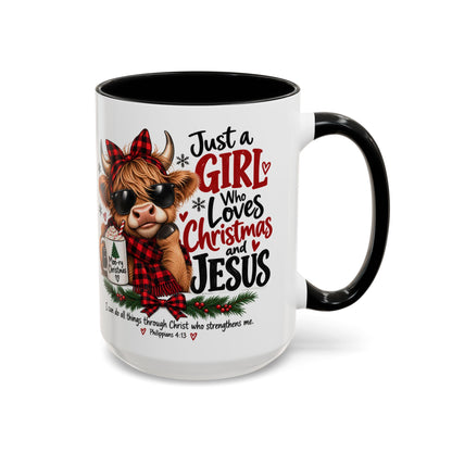 Just a Girl Who Loves Christmas and Jesus Highland Cow Coffee Mug