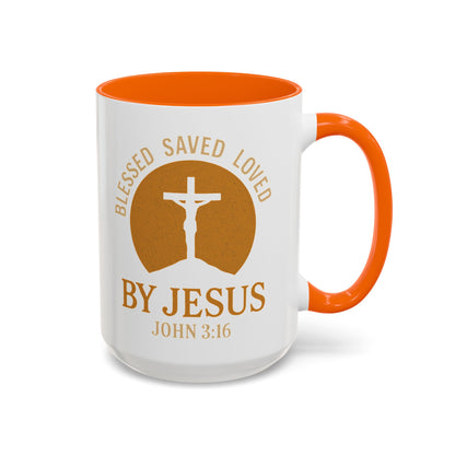 Inspirational Accent Coffee Mug - Blessed, Saved, Loved by Him | John 3:16