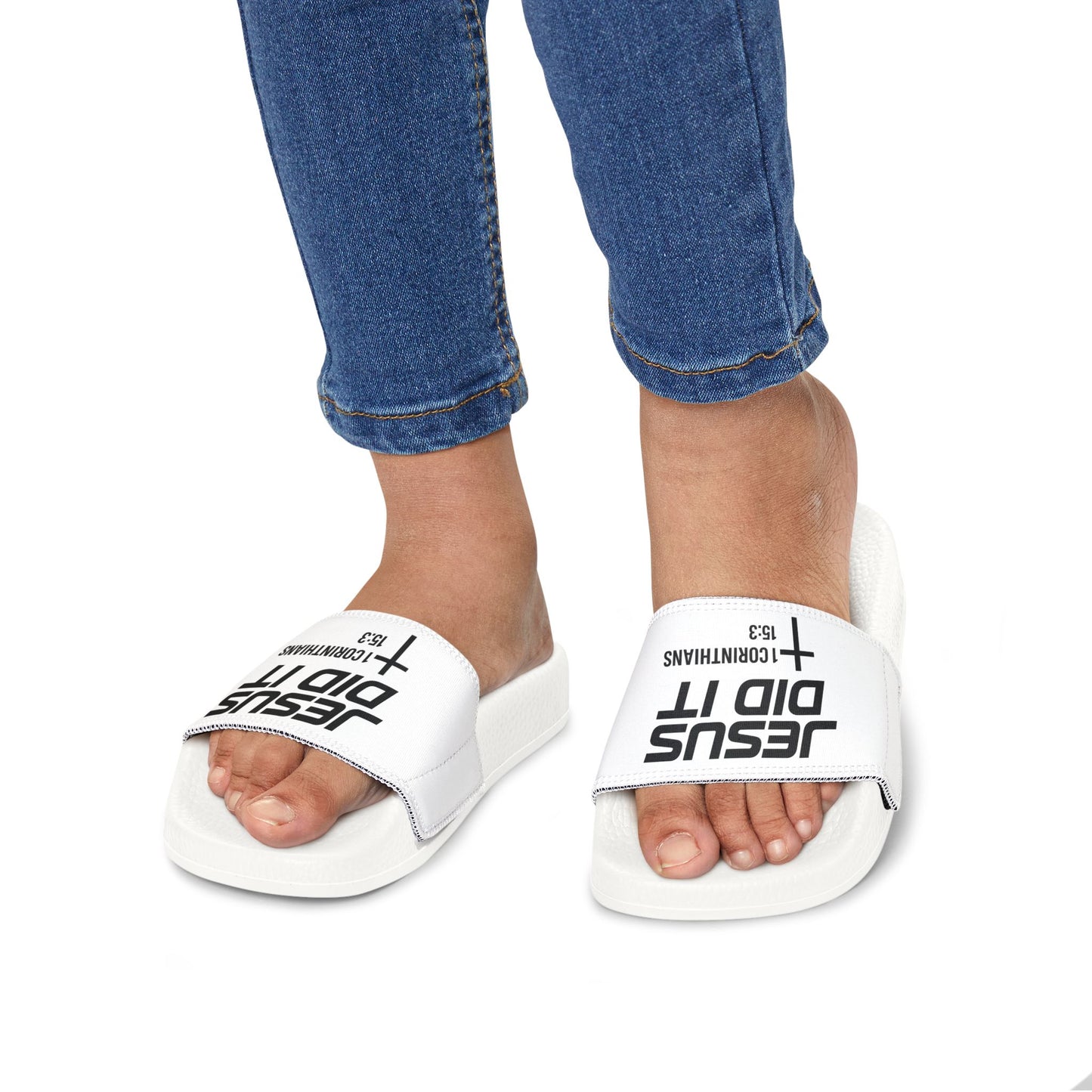 Youth 'He Did It' Christian Slide Sandals — 1 Corinthians 15:3 Faith Slides
