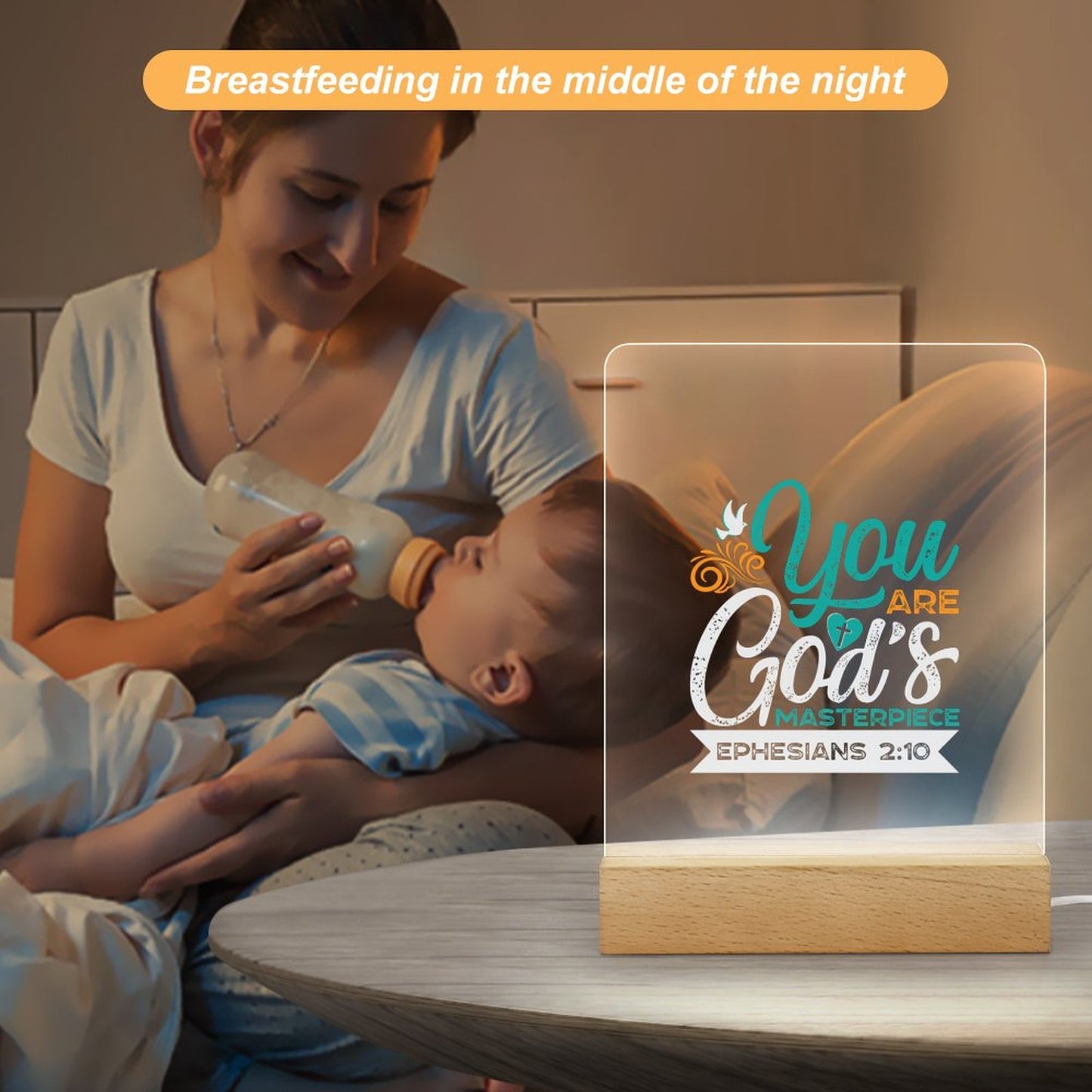 You Are God's Masterpiece Christian Acrylic Night Light with Wooden Base Christian Gift Idea