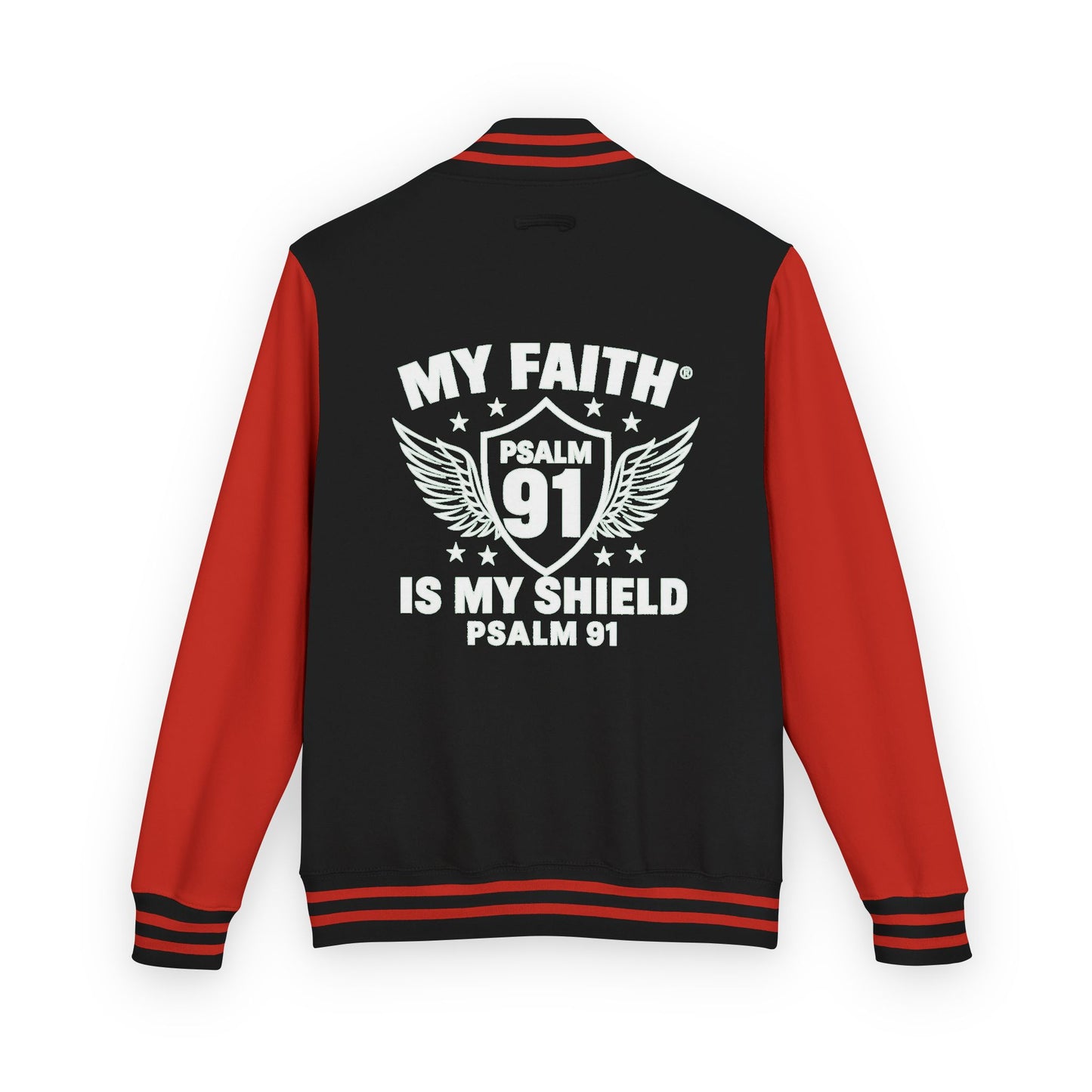 Letterman Jacket — “My Faith Is My Shield” 91 Vintage Varsity Jacket - ClaimedbyGodDesigns