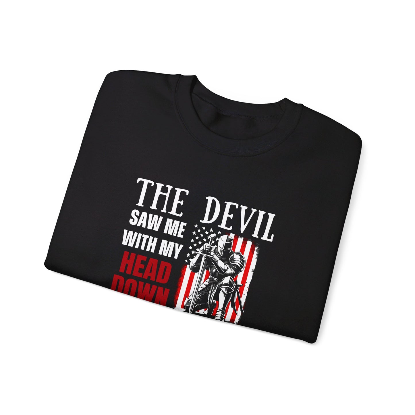 The Devil Saw Me With My Head Down And Thought He'd Won Until I Said Amen American Patriotic Flag Unisex Heavy Blend™ Crewneck Christian Sweatshirt