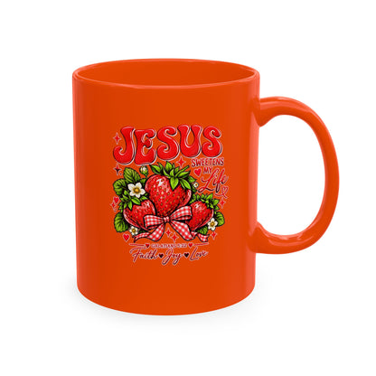 Ceramic Mug — "Jesus Sweetens My Life" Strawberry Faith Coffee Cup