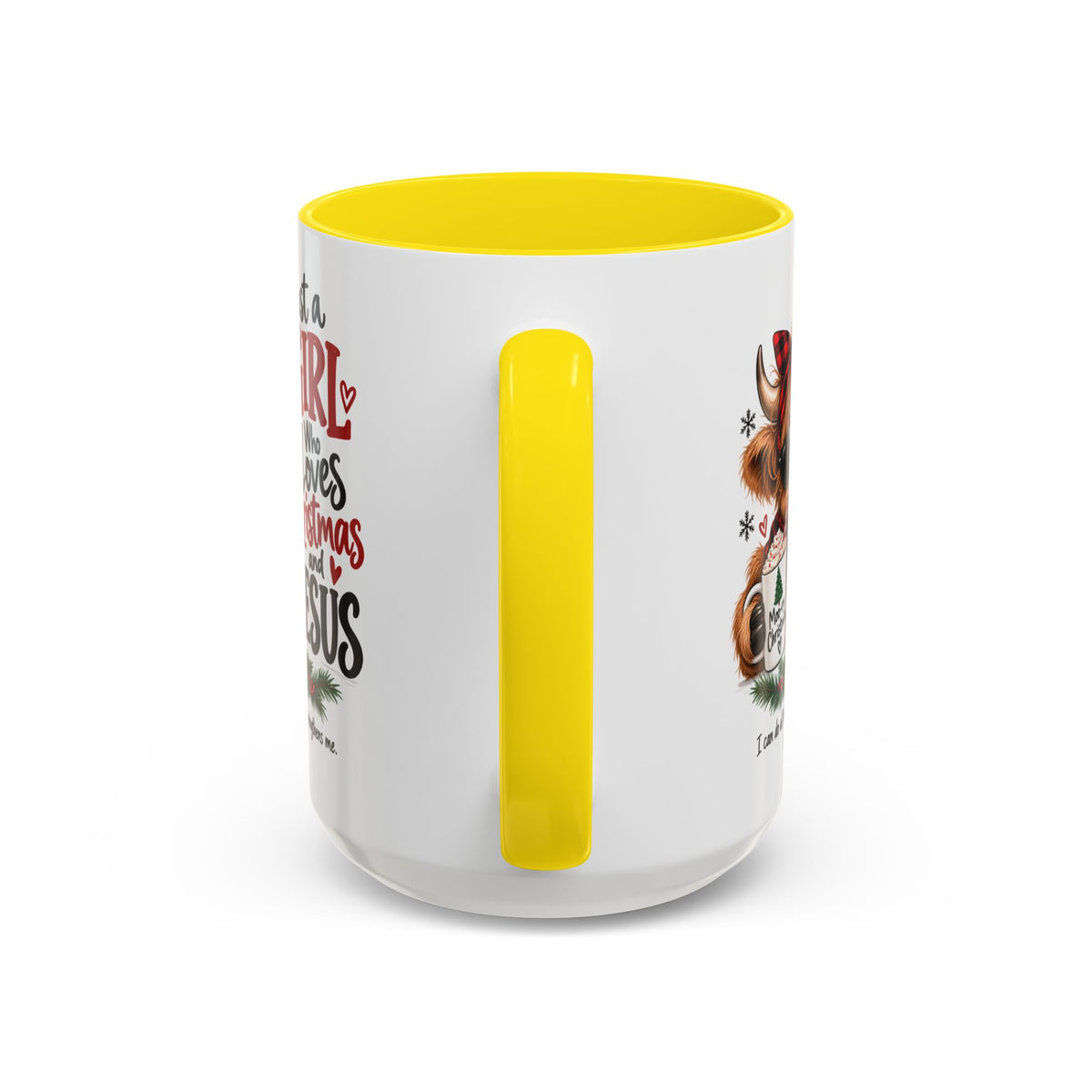 Just a Girl Who Loves Christmas and Jesus Highland Cow Coffee Mug