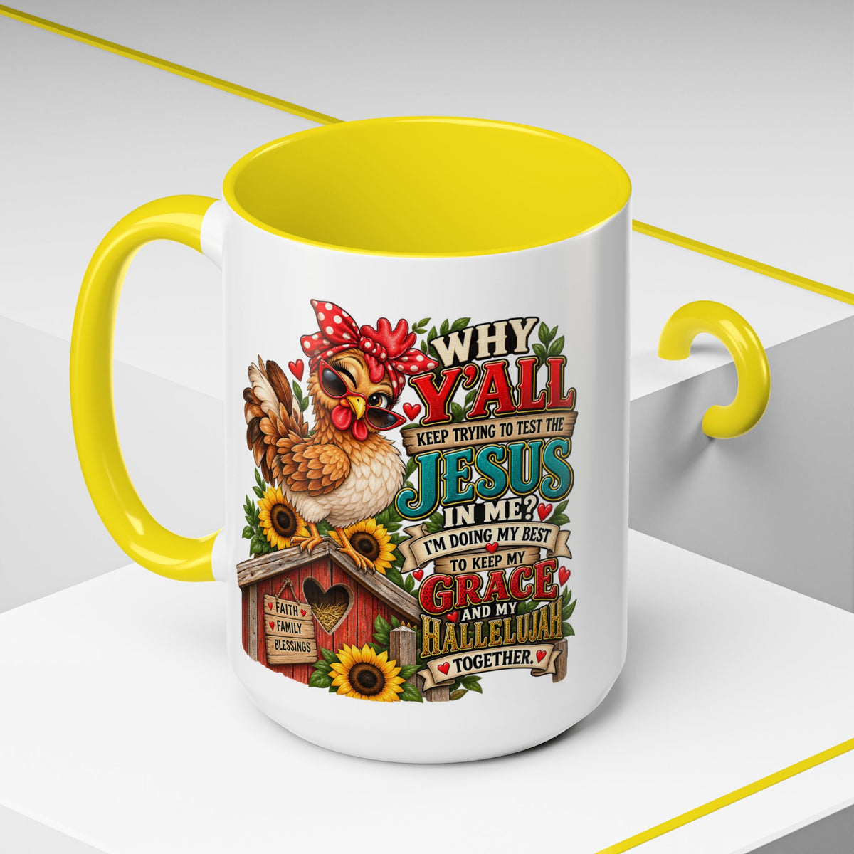 Christian Farmhouse Coffee Mug — "Why Y'all Keep Trying to Put Jesus in Me?" Accent Mug