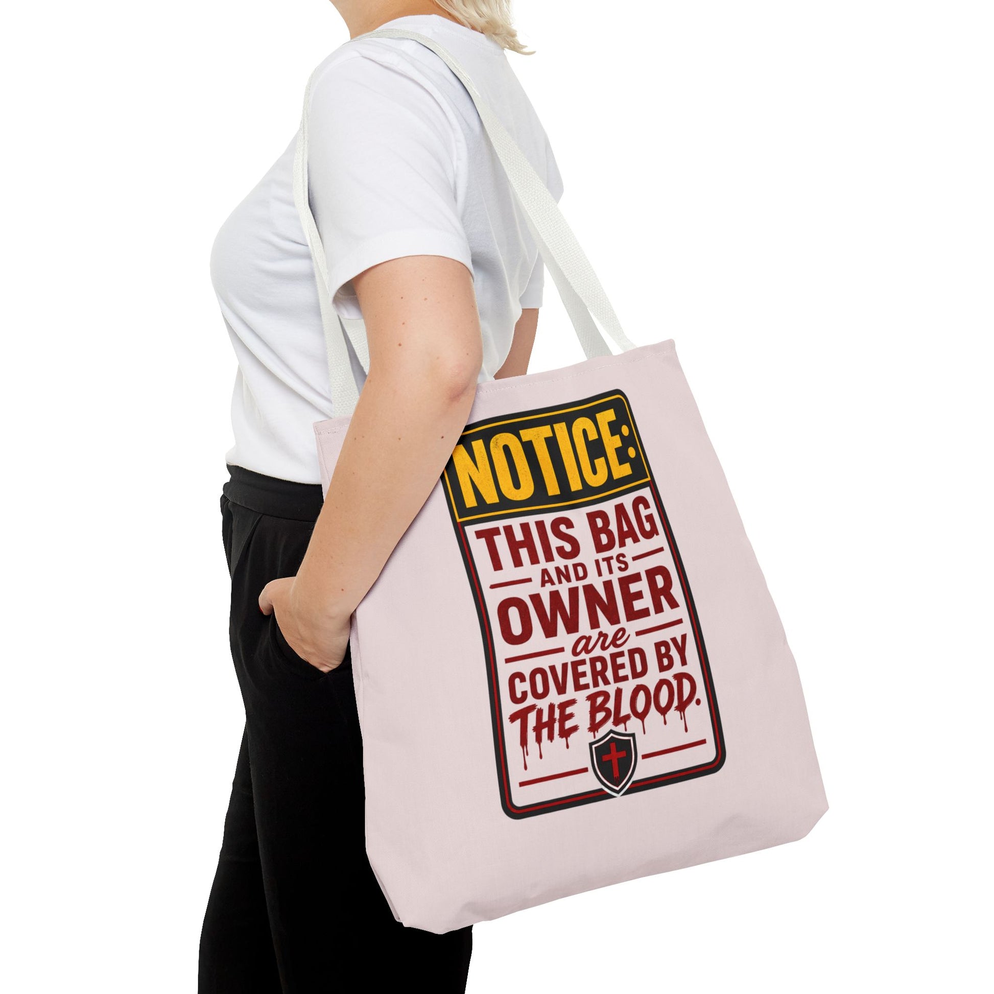Tote Bag — "NOTICE: This Bag and Its Owner Are Covered by the Blood" Christian Faith Tote - ClaimedbyGodDesigns