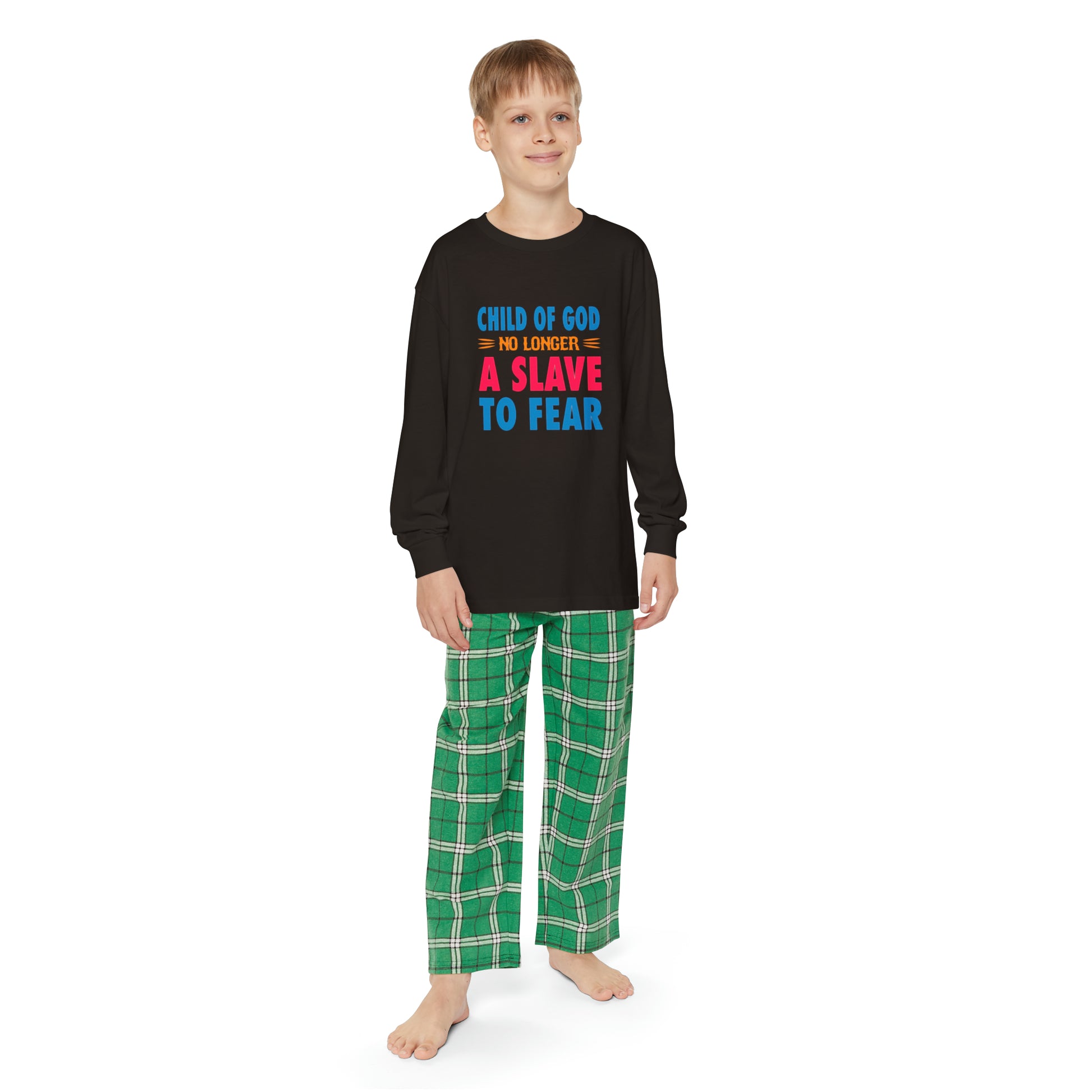 Child Of God No Longer A Slave To Fear Youth Christian Long Sleeve Pajama Set Printify