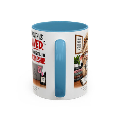 Saved & Sassy Sheep Coffee Mug — "My Mouth Is Saved, My Face Is Still In Discipleship" Accent Mug