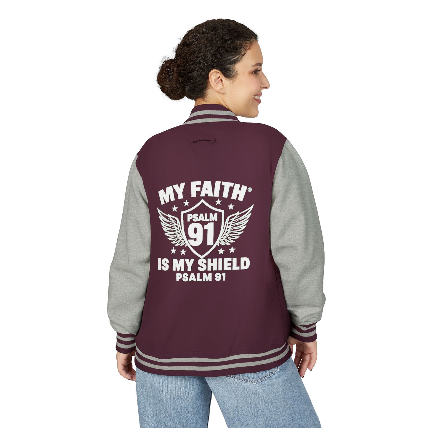 Letterman Jacket — “My Faith Is My Shield” 91 Vintage Varsity Jacket - ClaimedbyGodDesigns