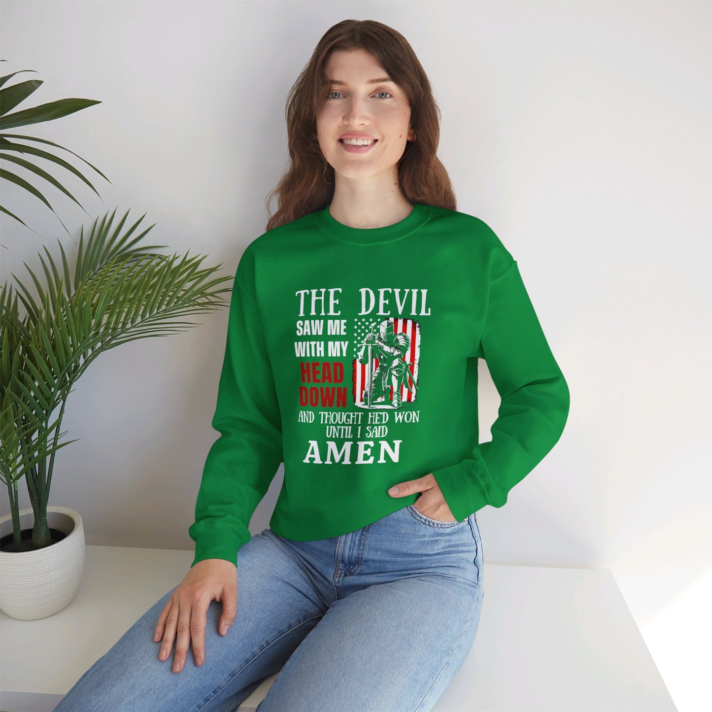 The Devil Saw Me With My Head Down And Thought He'd Won Until I Said Amen American Patriotic Flag Unisex Heavy Blend™ Crewneck Christian Sweatshirt