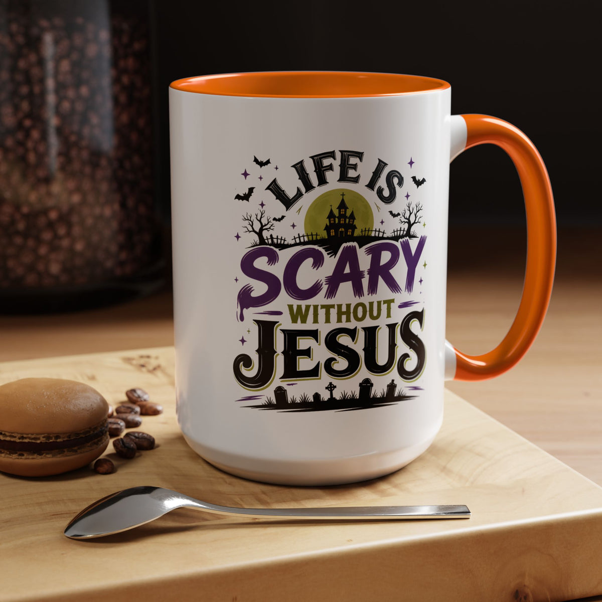Coffee Mug — “Life Is Scary Without Jesus” Halloween Christian Accent Mug (11/15oz)