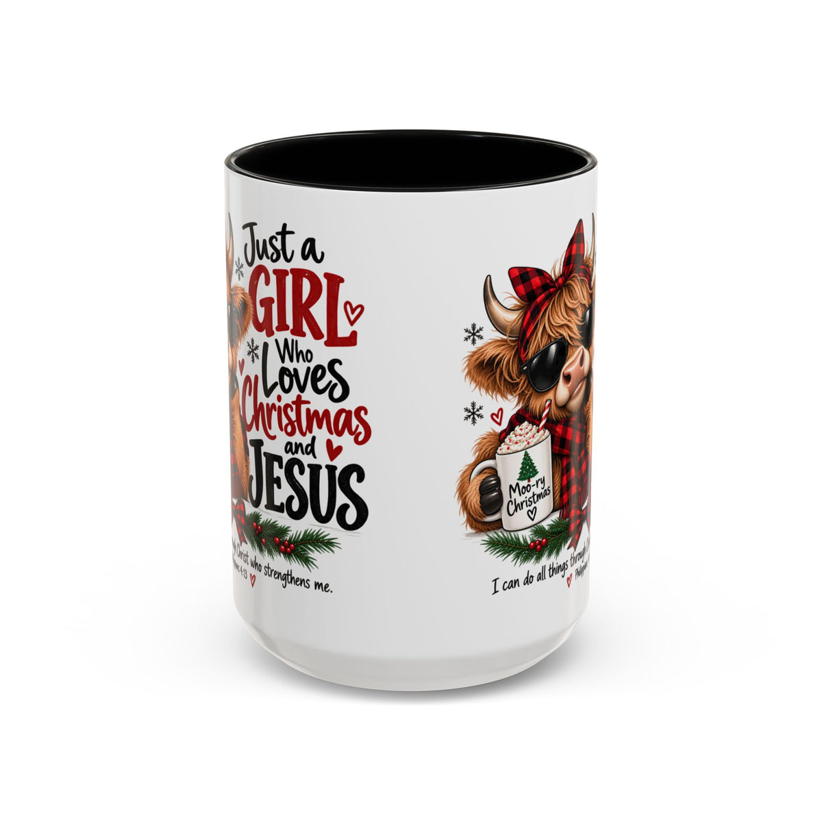 Just a Girl Who Loves Christmas and Jesus Highland Cow Coffee Mug