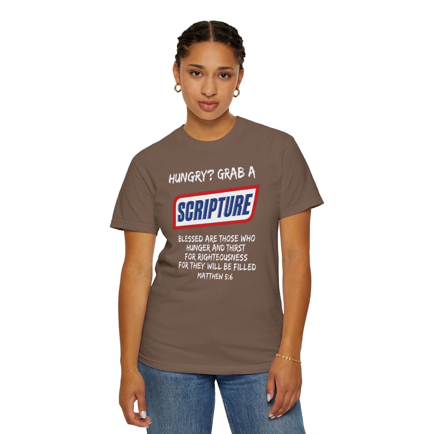 Scripture Snack T-Shirt — "Hungry? Grab a Scripture" Matthew 5:6 Christian Tee