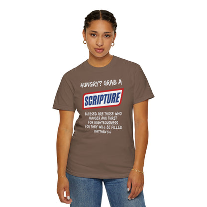 Scripture Snack T-Shirt — "Hungry? Grab a Scripture" Matthew 5:6 Christian Tee