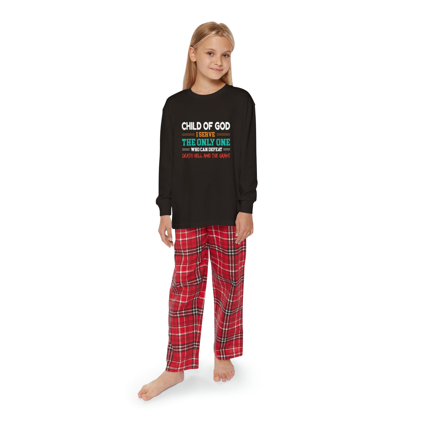 Child Of God I Serve The Only One Who Can Defeat Death Hell And The Grave Youth Christian Long Sleeve Pajama Set Printify