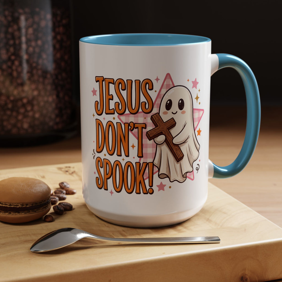 Accent Coffee Mug — "Jesus Don't Spook!" Cute Ghost Christian Coffee Mug (11/15oz)